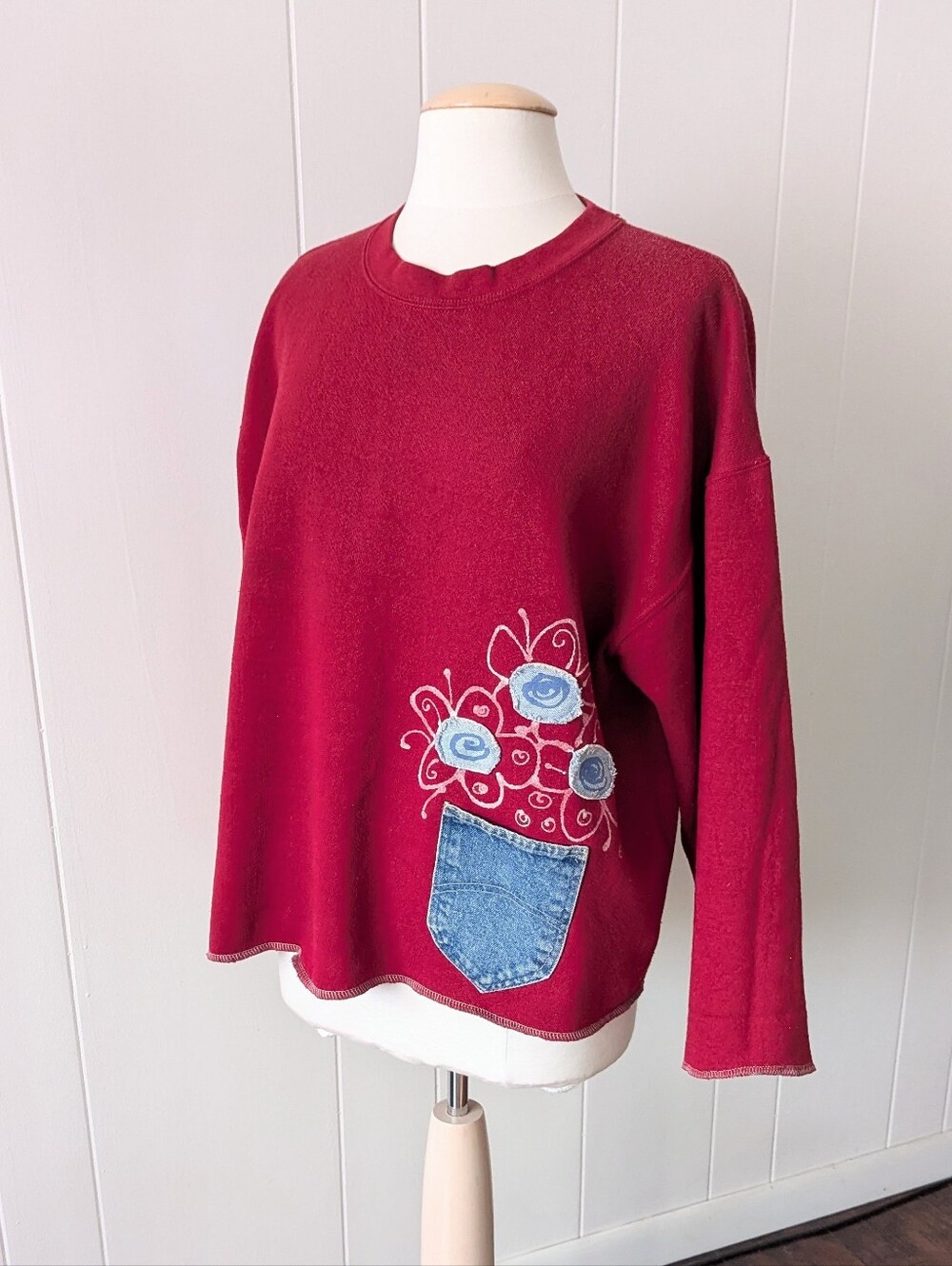 Vintage Reworked Maroon Applique Painted Lee Sweatshirt Size LG